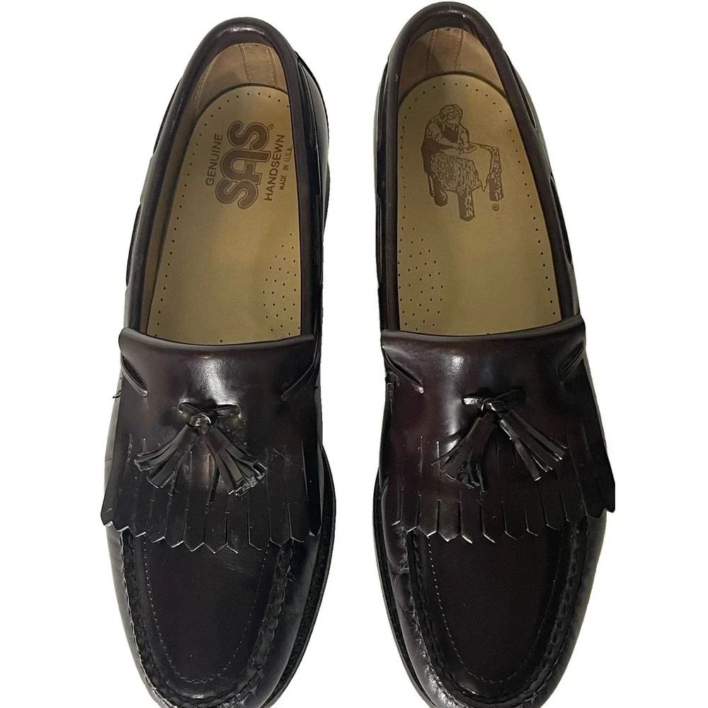 SAS Mens Hand Sewn Tassel Kiltie Loafers Cordovan Leather USA Made 10 Slim S